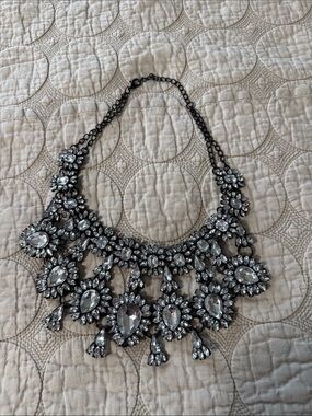 Statement Crystal Bib Necklace - Clear on Black Metal